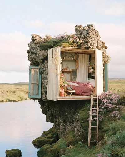 Rock cabin in shadows for testing lightening effect on dark outdoor scenes